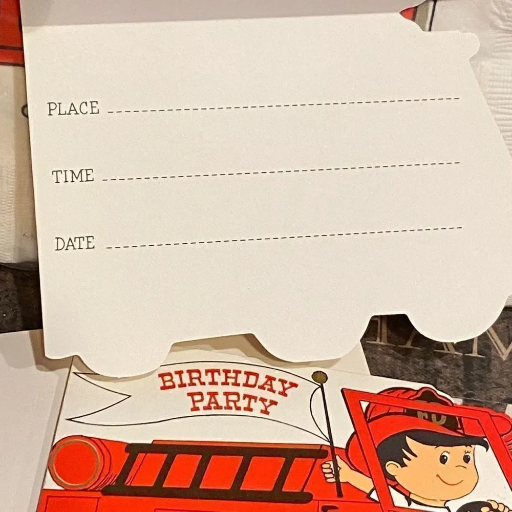 Vintage Firetruck Birthday Invitations and Napkins